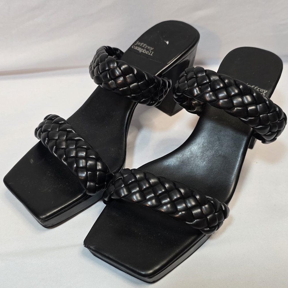 Jeffrey Campbell Black Square Toe Block Heel Sandals Braided Strap Platform,  10 - Picture 2 of 6